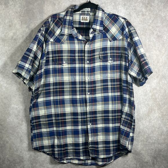 Ely Cattleman Western Shirt Mens XL Blue Plaid Pearl Snap Wrinkle Resistant - Picture 1 of 9